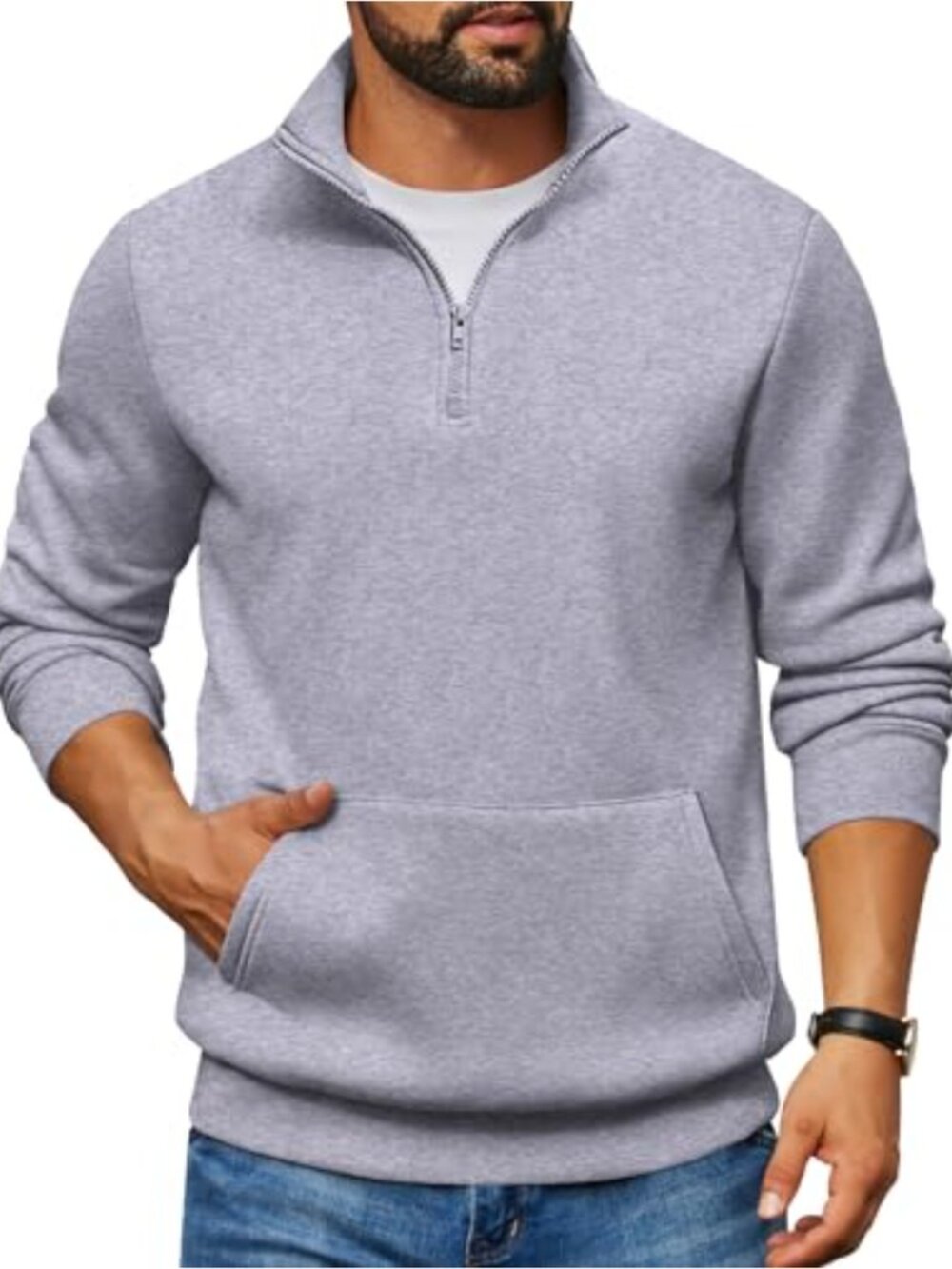 Mens Quarter Zip Pullover Sweatshirt Fleece Lined Mock Neck Kangaroo Pocket